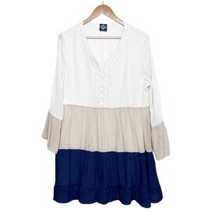 Calstyle Women's Color Block V-neck Long Sleeve Ruffle Mini Dress Tunic